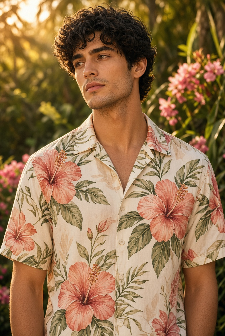 Man wearing floral t-shirt